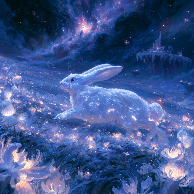 An ethereal rabbit, its fur made of shimmering moonlight, hops through a field of glowing, otherworldly flowers under a sky filled with nebulae. The landscape is dreamlike and surreal, with floating islands in the distance. The style is a delicate digital painting with fantasy elements, evoking a sense of wonder and tranquility. — Midjourney V8.2