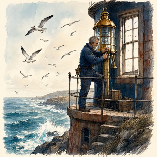 Ink-and-watercolour illustration of an adult lighthouse keeper repairing a brass lantern inside a windswept cliff tower, gulls circling beyond the window and sea spray glowing below. Palette of navy, rust, seafoam, and warm ivory, with expressive linework. — Qwen Image 3.0