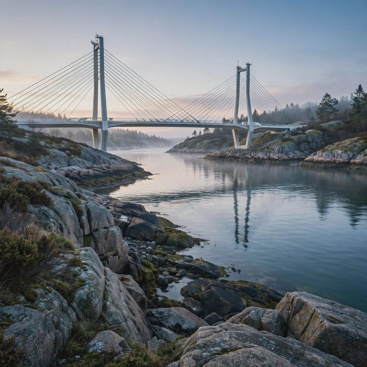 Across a sheltered coastal inlet, a contemporary high-tech cable-stayed bridge spans between granite shores, its slender steel pylons and pale concrete deck catching cool sunrise light; viewed from a rocky bank, straight lines and credible engineering define the scene. — Muse Image 1.0