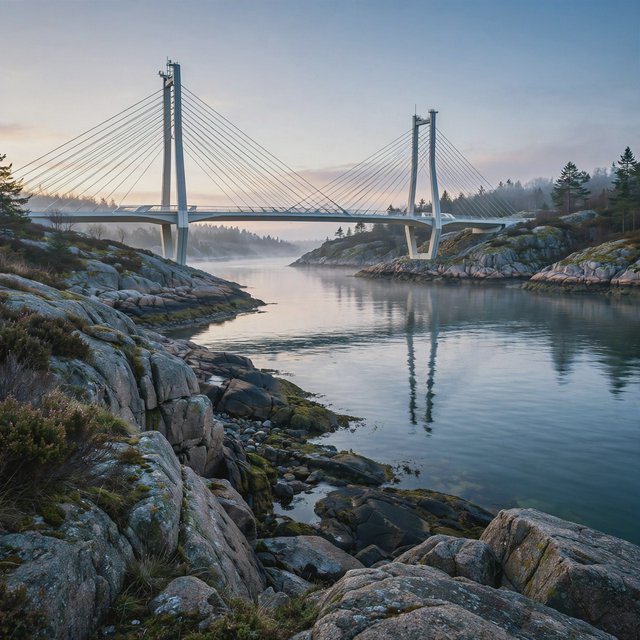 Across a sheltered coastal inlet, a contemporary high-tech cable-stayed bridge spans between granite shores, its slender steel pylons and pale concrete deck catching cool sunrise light; viewed from a rocky bank, straight lines and credible engineering define the scene. — Muse Image 1.0
