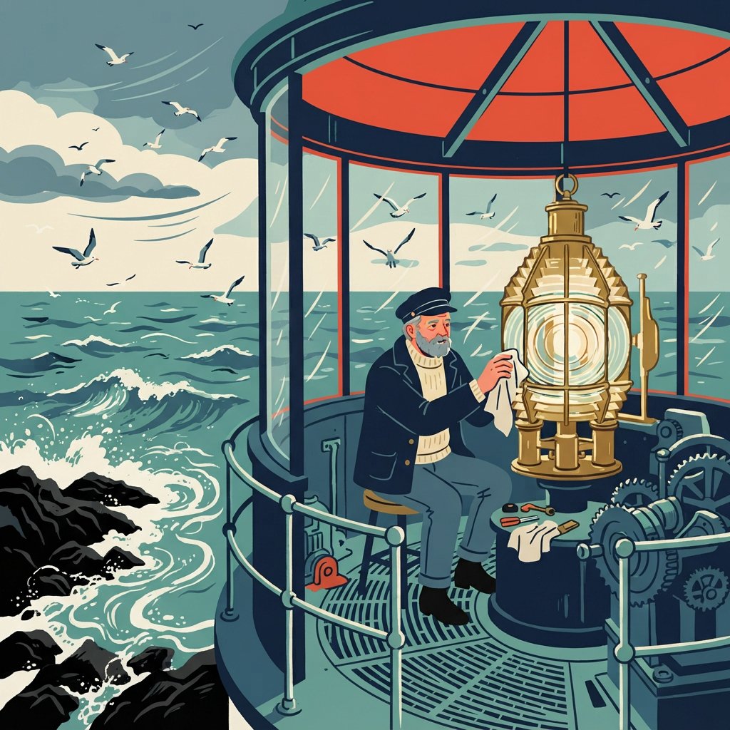 Flat-vector illustration of an adult lighthouse keeper polishing a brass lantern in a windswept tower, gulls circling beyond the glass and foam tracing black rocks below. Palette of sea-glass green, cream, vermilion, and navy. — Nano Banana 2 Lite