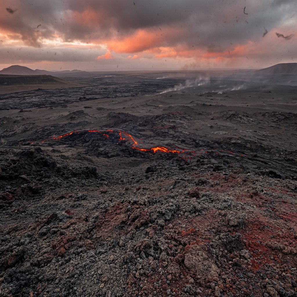 Fresh lava threads a black cinder plain on a volcanic island at dusk beneath ash-laden wind; blistered crust and brittle pumice in the foreground give way to glowing fissures fading into smoke. — Krea 2 Large