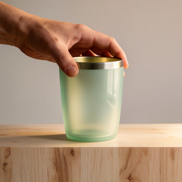 An adult hand lifts an unbranded insulated travel mug, its matte sea-glass polymer body and brushed-steel rim catching softbox highlights above a pale oak counter; warm gray studio backdrop, broad diffused key and cool edge light, no face or lettering. — Krea 2 Medium