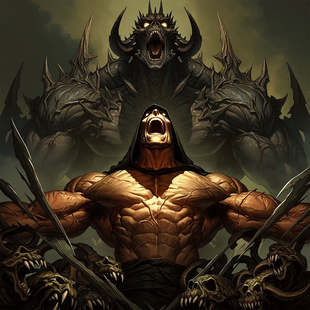 A colossal muscular berserker erupts in a primal roar, framed from the waist upward at a dramatic low angle. His head tilts back, glowing ivory eyes fixed upward, mouth stretched impossibly wide with clearly defined teeth and a cavernous dark interior. A close-fitting black hood frames his angular face, while his bare bronze-red torso displays monumental musculature, fine scars, and jagged surface fissures. Both upper arms thrust outward, elbows and hands beyond the frame, creating a broad, forceful silhouette. Behind him looms a towering obsidian demon with a crown of needlelike horns, scattered ember eyes, a serrated grin, and massive shoulders formed from twisted organic armor. Smaller snarling creatures coil across the lower foreground, their skull-like heads and hooked tendrils overlapping his waist. Razor-shaped fragments sweep diagonally through the scene, directing attention toward his illuminated face and chest. A ruined abyss recedes through smoky olive-green and charcoal haze. — Midjourney Niji 7