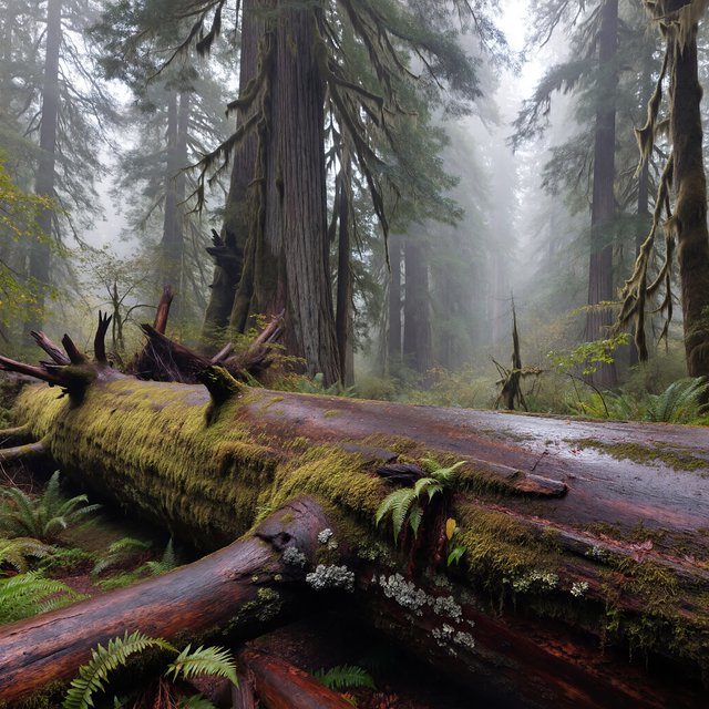 Old-growth temperate rainforest after rain, moss-covered fallen log, fog between the trunks, soft diffused light. — ImagineArt 1.5 Pro