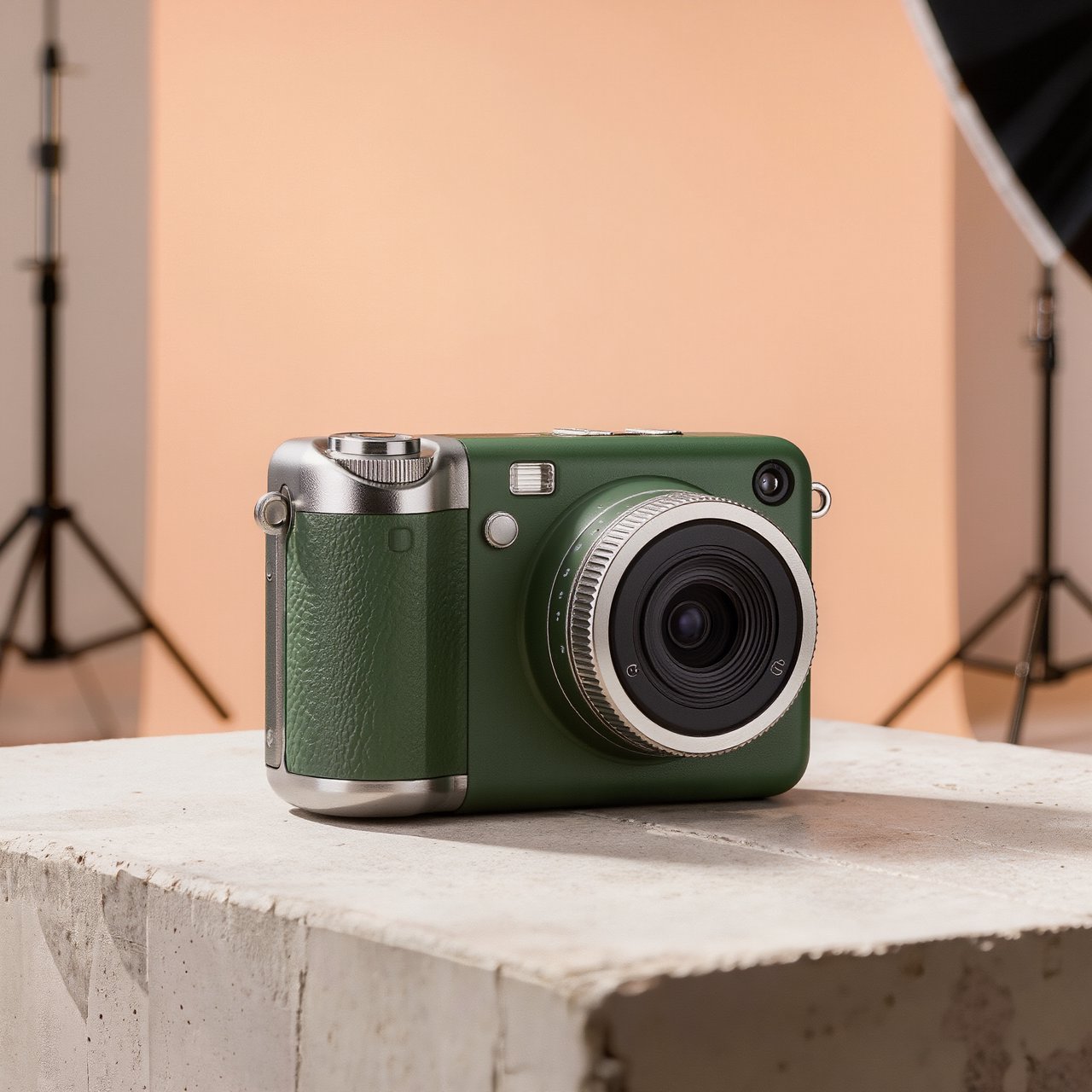 Commercial product photograph of an unbranded compact instant camera in matte forest-green polymer with brushed steel details, resting on a pale concrete surface against a warm peach background, illuminated by broad diffused studio light and a soft rim light. — Kling v3