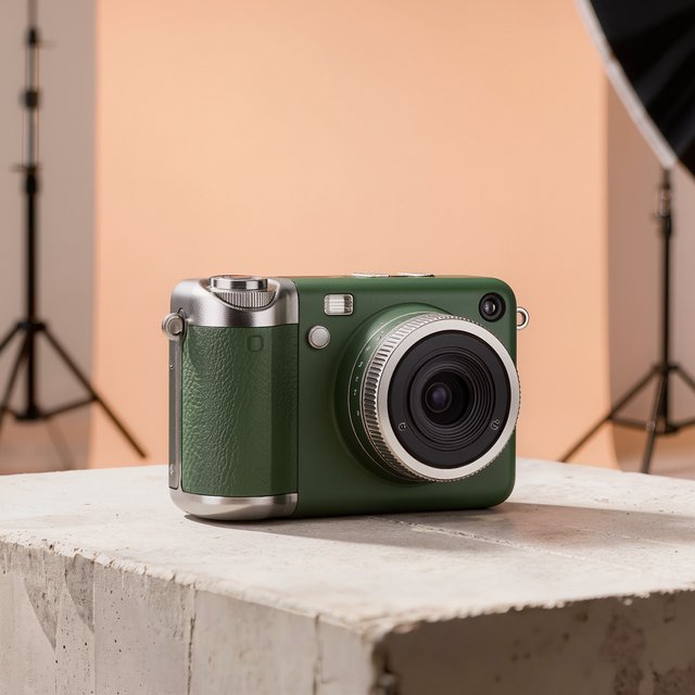 Commercial product photograph of an unbranded compact instant camera in matte forest-green polymer with brushed steel details, resting on a pale concrete surface against a warm peach background, illuminated by broad diffused studio light and a soft rim light. — Kling v3