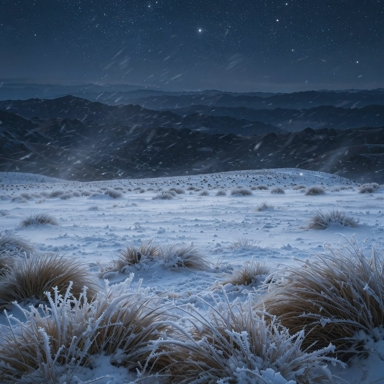 Moonlight washes a snowbound high plateau beneath sharp stars, while dry flurries cross the midnight air; frost feathers the foreground tussocks, and dark, rolling ridgelines recede into a blue-black distance. — Muse Image 1.0