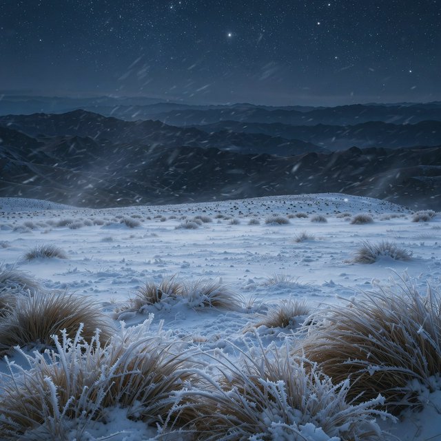 Moonlight washes a snowbound high plateau beneath sharp stars, while dry flurries cross the midnight air; frost feathers the foreground tussocks, and dark, rolling ridgelines recede into a blue-black distance. — Muse Image 1.0