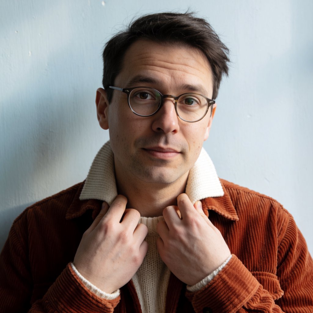 Portrait photograph of an adult man in his late 30s wearing a rust-colored corduroy overshirt over a cream knit, fingertips resting on its broad collar. His quietly curious gaze meets the camera against a pale blue plaster backdrop, softly lit by cool side-window light. — Krea 2 Medium