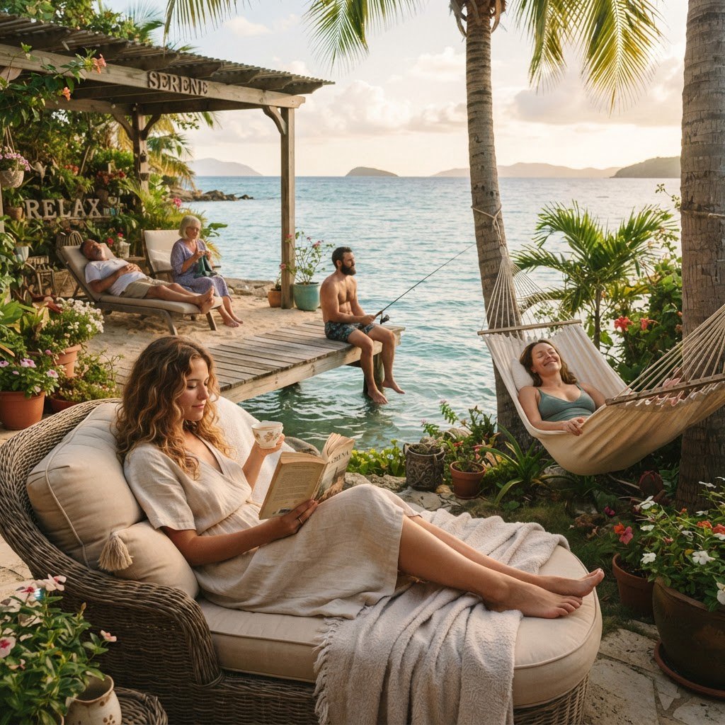 An image representing the word and concept of “Relaxing.” There are at least 4 moments that represent this. The word “Relax” and another word representing it are hidden naturally in the background. — Nano Banana 2 Lite