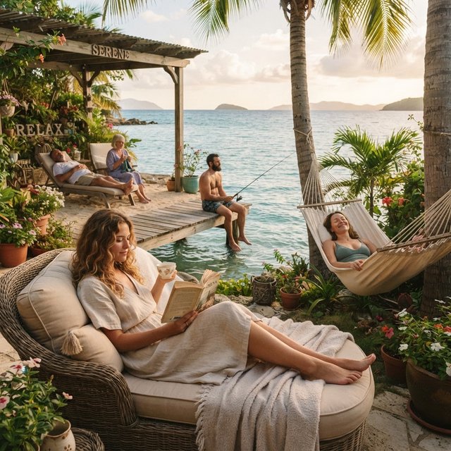 An image representing the word and concept of “Relaxing.” There are at least 4 moments that represent this. The word “Relax” and another word representing it are hidden naturally in the background. — Nano Banana 2 Lite