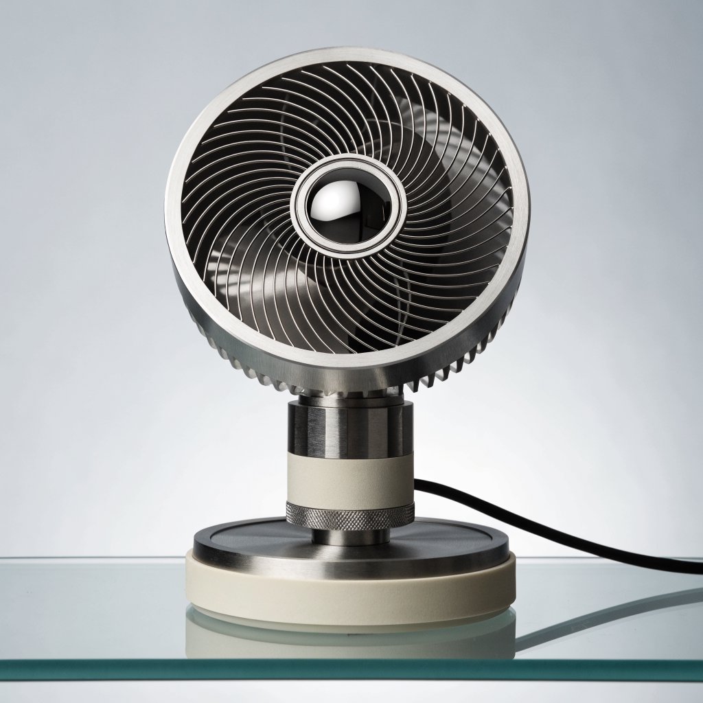 Commercial product photograph of an unbranded desktop fan made from brushed aluminum and matte ivory polymer, resting on a smoked glass surface against a pale gray background, illuminated by broad diffused studio light and a soft rear rim light. — Recraft v4