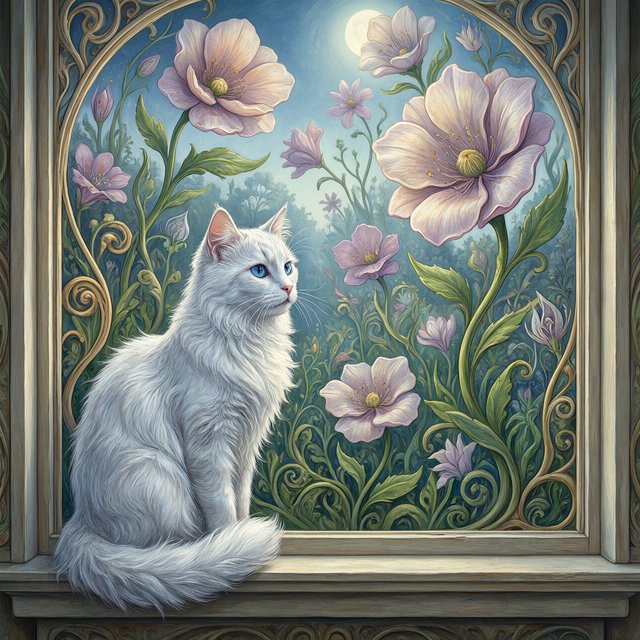 A whimsical cat with fur like spun moonlight sits on a windowsill overlooking a dreamlike garden. The garden is filled with oversized, fantastical flowers rendered in a soft, painterly style, with elements of Art Nouveau curves in the plant designs. The overall mood is serene and enchanting. — Model 18