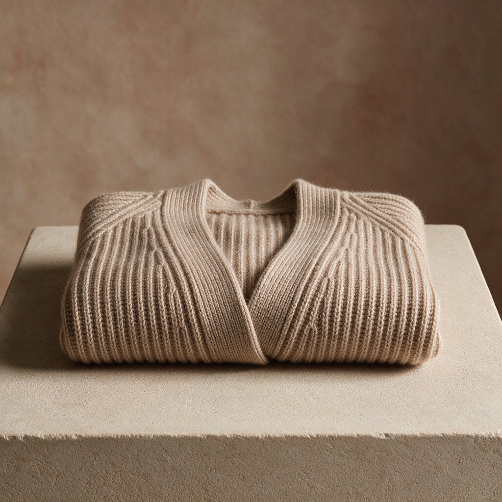A folded unbranded merino cardigan rests on a honed limestone plinth, its chunky ribbed wool surface softly catching broad overhead diffusion and warm side bounce against a muted clay backdrop, with no tags, lettering, or graphics. — Seedream 5.0 Pro