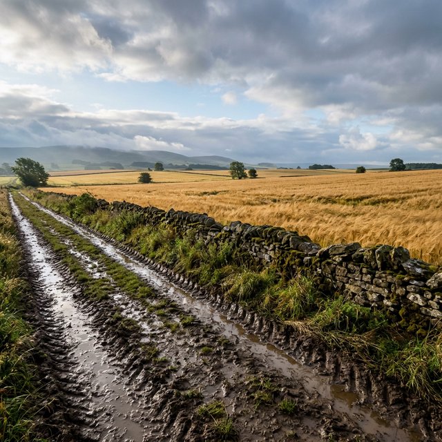 Golden barley fields ripple beneath a vast sky as a cool morning breeze follows overnight showers; muddy tractor furrows glisten in the foreground, guiding the eye past a weathered stone boundary toward low hills under broken clouds. — Model 15