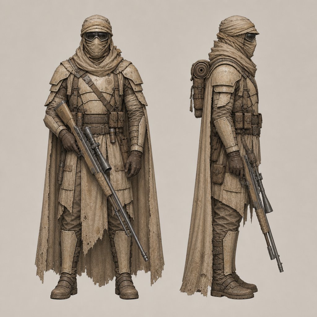 Character design sheet of a desert ranger in layered sand-coloured armour with a long rifle, front and side view, neutral background. — GPT Image 2