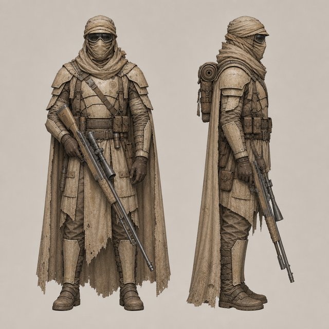 Character design sheet of a desert ranger in layered sand-coloured armour with a long rifle, front and side view, neutral background. — GPT Image 2