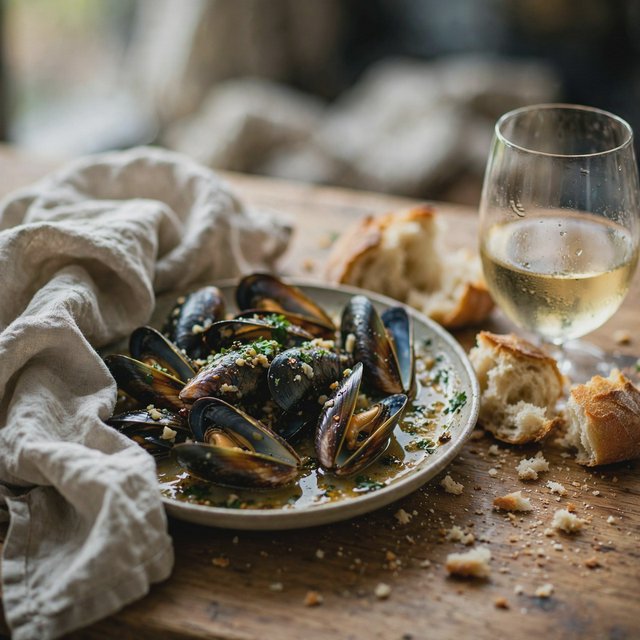 Beside a rumpled linen napkin, an in-progress supper shows a shallow bowl of mussels, torn bread, and a half-full glass on a wooden table. A natural-light dining snapshot, shot at 50mm with shallow depth of field, catches crumbs and glossy broth. — Muse Image 1.0