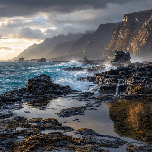 A rugged volcanic coastline under clearing storm clouds at late afternoon, black basalt shelves descending into turquoise surf, sea spray clinging to jagged rocks, tide pools reflecting distant cliffs and layered mountains fading into rain haze. — GPT Image 2
