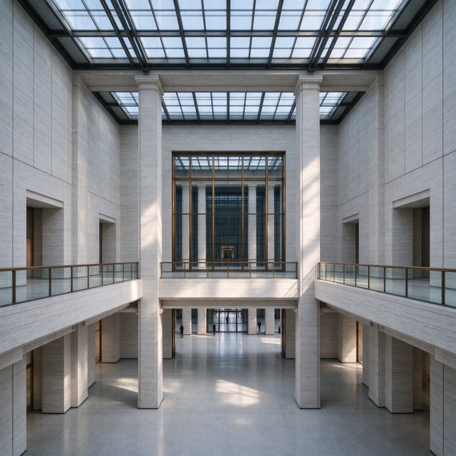 A soaring civic atrium in contemporary Italian Rationalist style pairs pale travertine, bronze mullions, and terrazzo beneath a glazed roof; cool morning light falls from above, viewed from a mezzanine, with aligned bays and credible supports. — Seedream 5.0 Flash