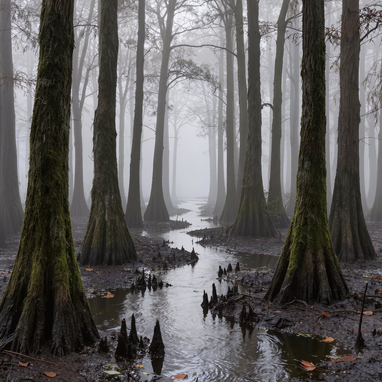 A cypress swamp at foggy sunrise after overnight drizzle, dark tea-colored water threading between moss-draped trunks; slick root knees and floating leaves lead toward pale trees disappearing into layered mist. — Kling v3