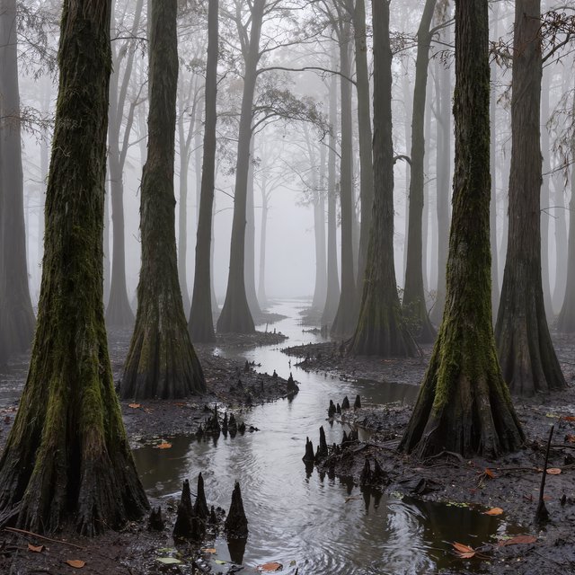A cypress swamp at foggy sunrise after overnight drizzle, dark tea-colored water threading between moss-draped trunks; slick root knees and floating leaves lead toward pale trees disappearing into layered mist. — Kling v3