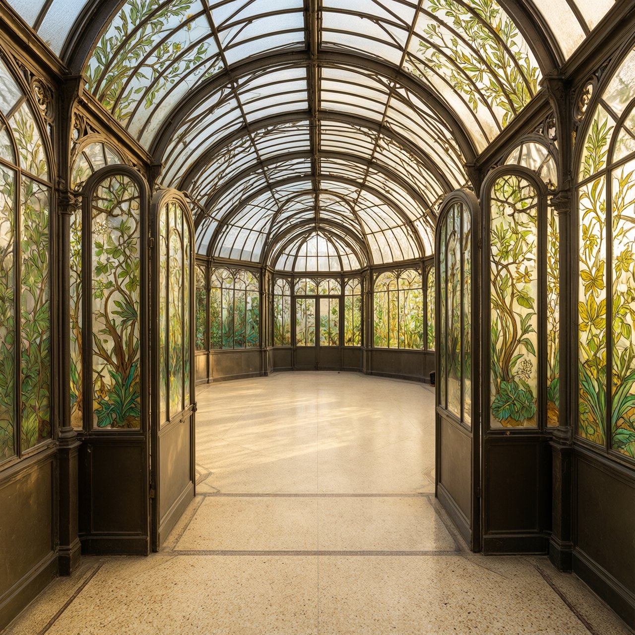 Interior of an Art Nouveau winter garden, curved iron ribs, cream terrazzo floor, hand-painted botanical glass panels, filtered late-afternoon sunlight, viewed from the entrance along the central axis, elegant geometry and believable load-bearing structure. — Qwen Image 3.0 Pro