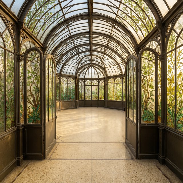 Interior of an Art Nouveau winter garden, curved iron ribs, cream terrazzo floor, hand-painted botanical glass panels, filtered late-afternoon sunlight, viewed from the entrance along the central axis, elegant geometry and believable load-bearing structure. — Qwen Image 3.0 Pro