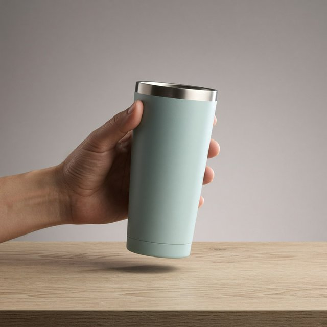 An adult hand lifts an unbranded insulated travel mug, its matte sea-glass polymer body and brushed-steel rim catching softbox highlights above a pale oak counter; warm gray studio backdrop, broad diffused key and cool edge light, no face or lettering. — Grok Imagine Image 2