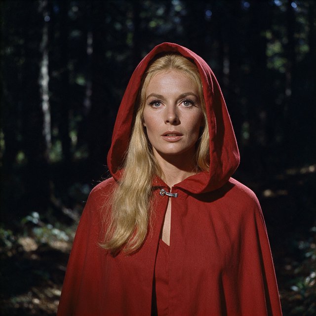Medium shot at eye level: 1960s vintage film aesthetic. An adult woman with long, blonde hair walks alone through a dark forest. She wears a red hooded cloak, with the hood pulled up and fastened at the neck by a silver buckle. Photorealistic 1960s Technicolor film grain; soft, shallow depth of field. — Seedream 5.0 Pro