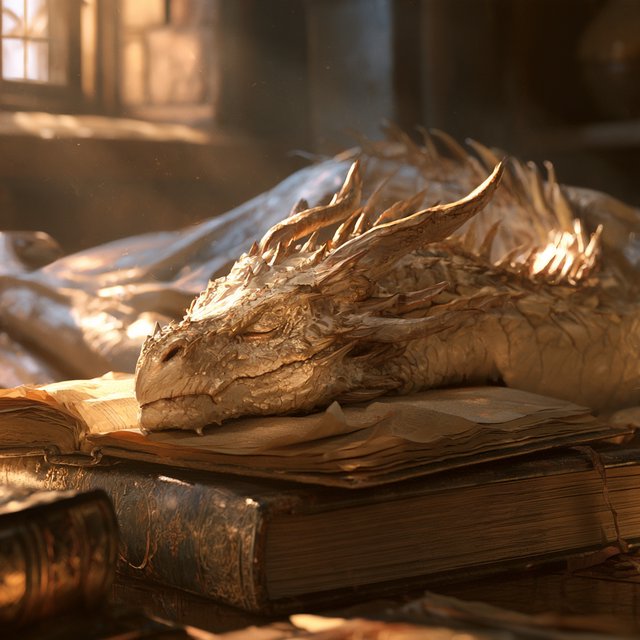 A mystical dragon's head, slender and dreamy, rests upon the yellowed pages of an ancient tome, the cover worn and mysterious, as soft warm light pours in through a nearby window, casting a serene ambiance, the air thick with the scent of old parchment and forgotten knowledge. — Midjourney V8.2