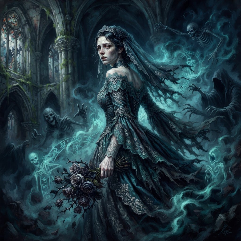 Baroque-style digital dark fantasy and cinematic Gothic horror; painterly realism, chiaroscuro à la Caravaggio; cool color palette of blues and turquoises, deep black shadows; swirling magical smoke, dynamic diagonal composition; intricate lace fabrics, detailed skin and creature textures; volumetric lighting, elegant, fluid movement; fantasy book cover illustration; dramatic storytelling, atmospheric depth. Gothic bride — Nano Banana 2 Lite