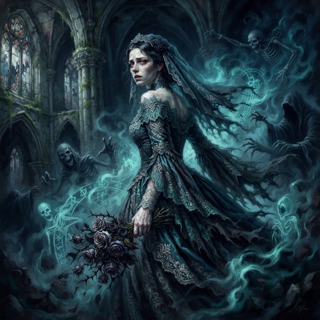 Baroque-style digital dark fantasy and cinematic Gothic horror; painterly realism, chiaroscuro à la Caravaggio; cool color palette of blues and turquoises, deep black shadows; swirling magical smoke, dynamic diagonal composition; intricate lace fabrics, detailed skin and creature textures; volumetric lighting, elegant, fluid movement; fantasy book cover illustration; dramatic storytelling, atmospheric depth. Gothic bride — Nano Banana 2 Lite