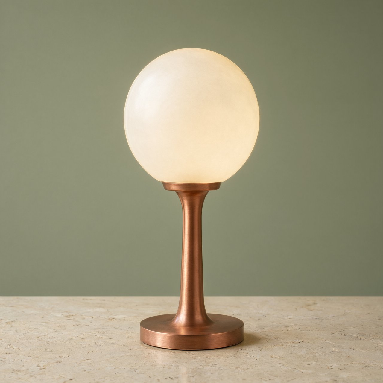 Commercial product photograph of an unbranded sculptural desk lamp with a frosted opal glass globe and brushed copper stem, standing on a pale travertine surface against a muted sage background, illuminated by soft overhead diffusion and a delicate warm rim light. — Qwen Image 3.0 Pro