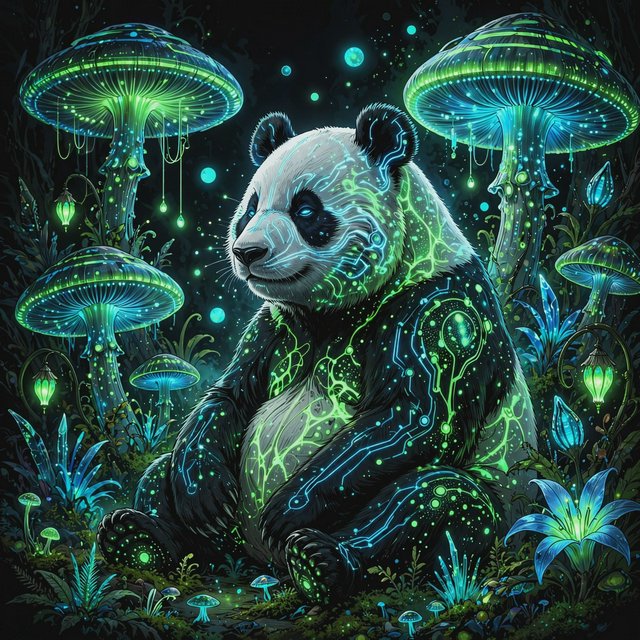 A bioluminescent panda bear, its fur patterns glowing with neon blues and vibrant greens, sits peacefully amidst a grove of luminous, alien flora. Giant, pulsing mushrooms and floating orbs of light create an otherworldly ambiance. The background fades into an inky blackness, making the glowing elements pop. Style: Sci-fi fantasy illustration with sharp, defined lines and glowing contrasts, drawing inspiration from futuristic concept art. — Muse Image 1.0