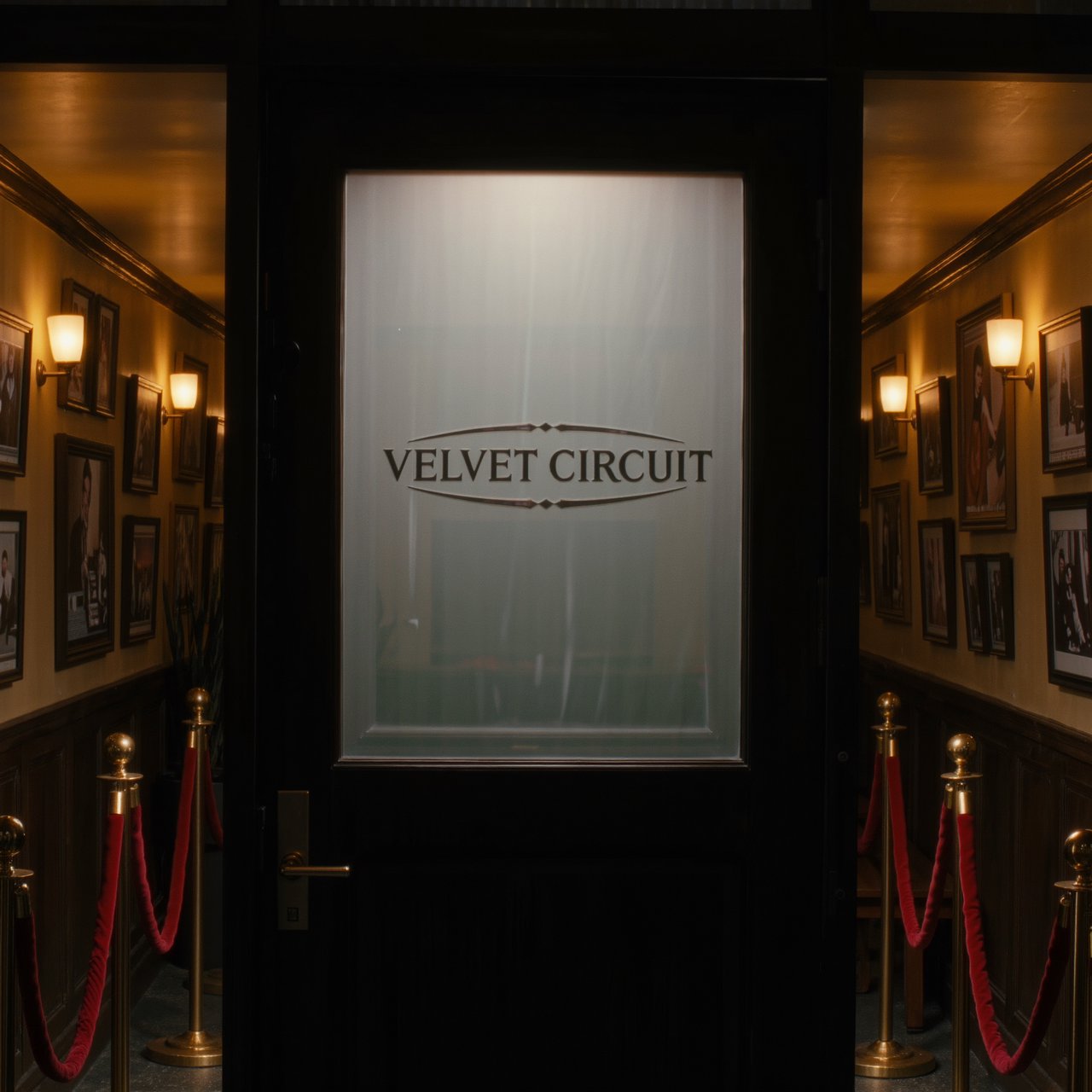 A narrow neighborhood cinema lobby glows with amber sconces, velvet ropes, and framed film stills; "VELVET CIRCUIT" is etched in elegant silver lettering across the frosted glass ticket-booth window. — Kling v3 Omni
