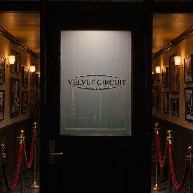 A narrow neighborhood cinema lobby glows with amber sconces, velvet ropes, and framed film stills; "VELVET CIRCUIT" is etched in elegant silver lettering across the frosted glass ticket-booth window. — Kling v3 Omni