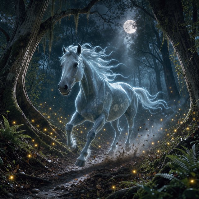 A majestic horse with a spectral mane and tail gallops through an enchanted, moonlit forest. Glimmering fireflies illuminate the path, casting an ethereal glow on ancient trees. The horse appears translucent, as if it's a phantom from another realm. The style is digital art, with surrealism and cinematic lighting to enhance the mysterious atmosphere — FLUX 3 Image