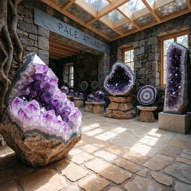 Within a quiet mineral gallery, amethyst clusters and polished geodes catch pools of light; "PALE ATLAS" is carved in clean capitals across a slate plaque beside the entrance. — Recraft v4 Pro