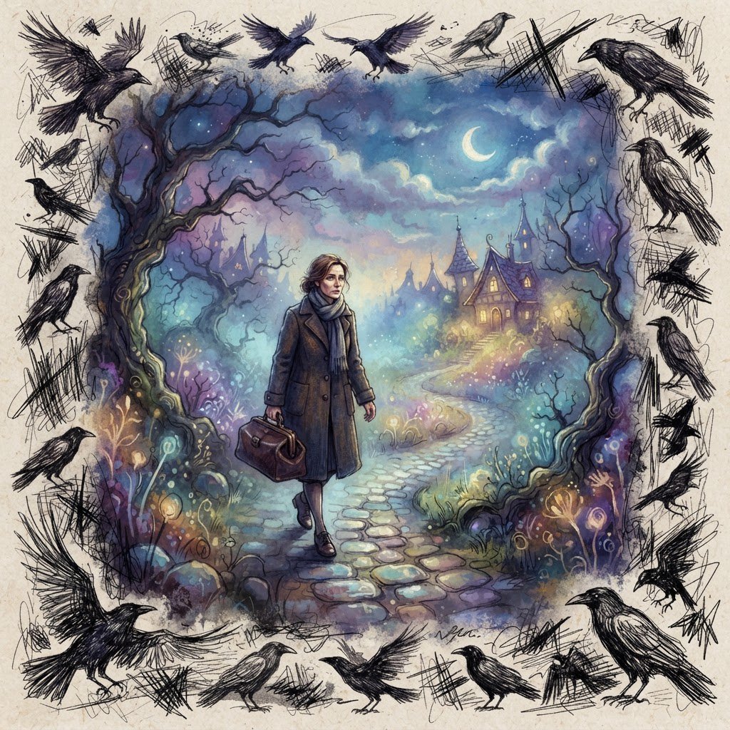 Walking in a dream, with ravens scribbled along the edges, a doctor on a house call — Nano Banana 2 Lite