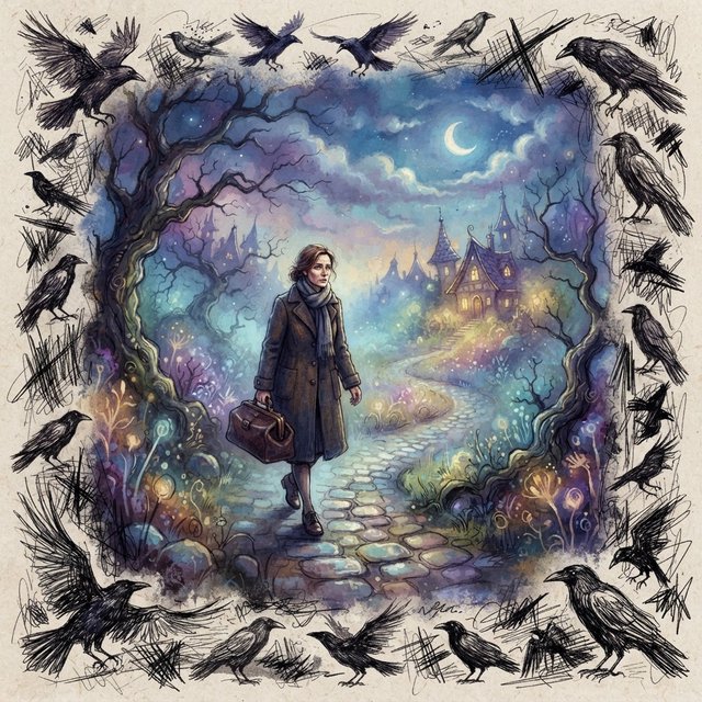 Walking in a dream, with ravens scribbled along the edges, a doctor on a house call — Nano Banana 2 Lite
