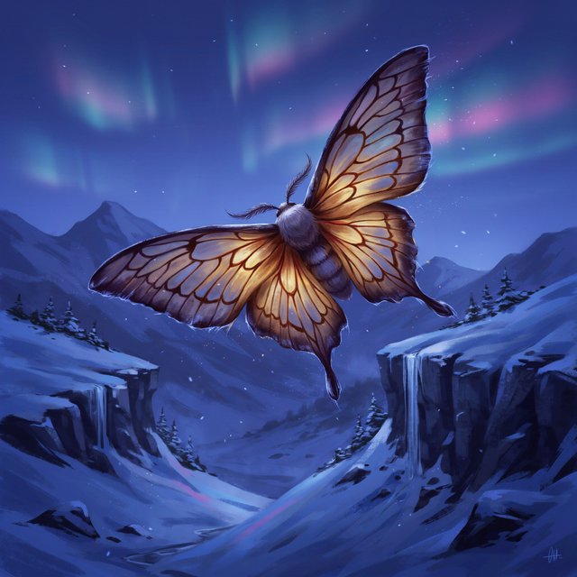 A cathedral-sized mothlike creature glides above a frozen ravine, its translucent wings veined with amber light and fringed with frost. Tiny mountain pines cling to the cliffs as aurora colors ripple across the snow. — Ideogram v4