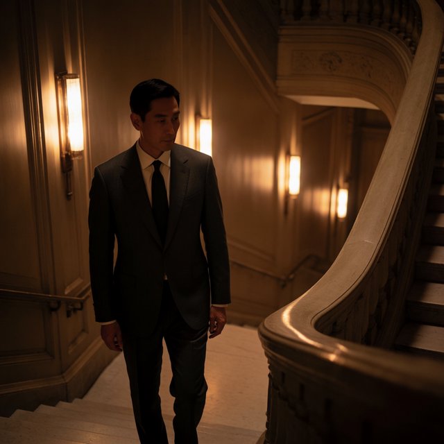 A tall adult man in a charcoal evening suit pauses halfway down a sweeping hotel staircase, caught glancing toward the ballroom as amber sconces cast sculpted light across stone; crisp tailoring and composed fashion-magazine polish. — Model 12