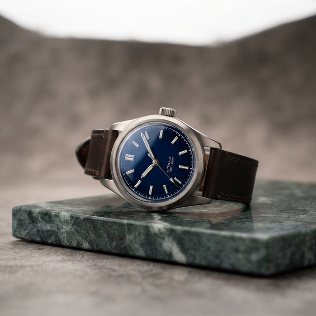 Commercial product photograph of an unbranded mechanical wristwatch with a brushed titanium case and deep blue enamel dial, resting on dark green marble against a soft gray background, illuminated by a large diffused softbox and narrow edge light. — Nano Banana 2 Lite