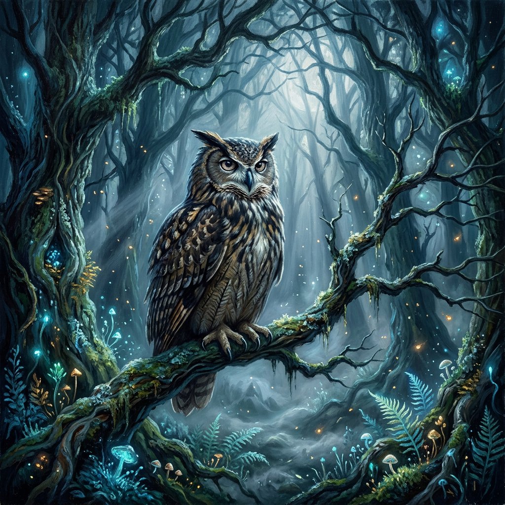 A majestic owl with ancient, knowing eyes perched on a gnarled branch within an ethereal forest. Moonlight filters through the dense canopy, illuminating swirling mists and glowing flora. The scene evokes a sense of deep mystery and ancient magic. Rendered in the style of magical realism with rich oil painting textures. — Nano Banana 2.1