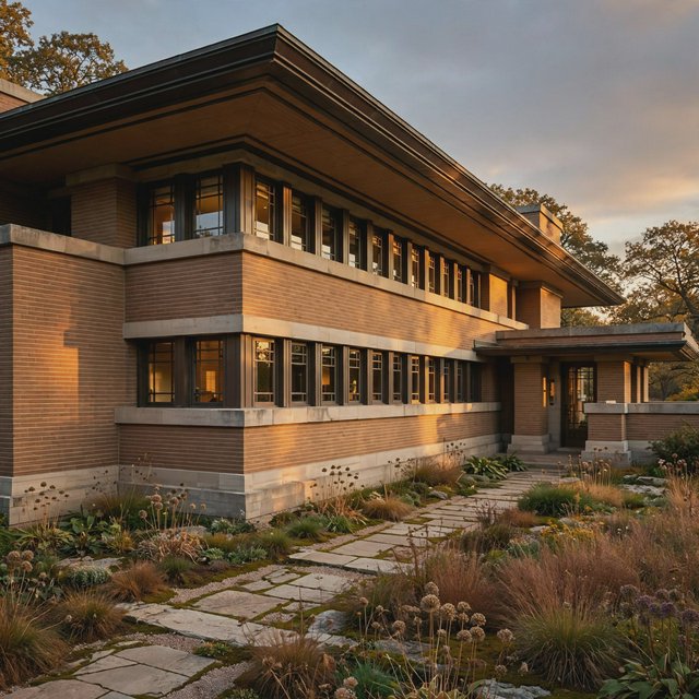Exterior of a Prairie School residence with broad overhanging eaves, warm brick, limestone courses, and ribbon windows; amber evening light grazes the facade, viewed obliquely from a garden path, with disciplined horizontal lines and credible structure. — Muse Image 1.0