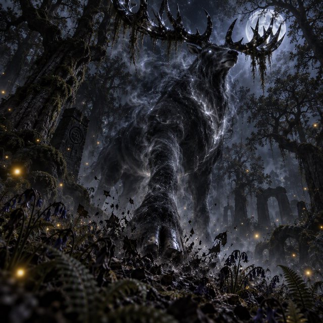 Low-angle wide shot, ancient overgrown oak forest at midnight: a colossal ghost stag looms, its semi-transparent form woven from swirling inky mist threaded with liquid silver moonlight. Polished obsidian antlers cut through shadow, jagged edges catching faint starlight, moss dangling from their points. Heavy hooves press into the loamy forest floor, wild bluebells and ferns curling black and crumbling to ash beneath each step. Hundreds of faint gold fireflies drift slowly through thick volumetric fog, their glows diffused in the haze. Deep indigo and charcoal color palette, somber quiet dread, atmospheric dark fantasy aesthetic, soft dappled moonlight filtering through a gnarled canopy, cinematic depth of field, sharp fine edges on the stag's antlers and decaying foliage. — GPT Image 2.5 Sunburst