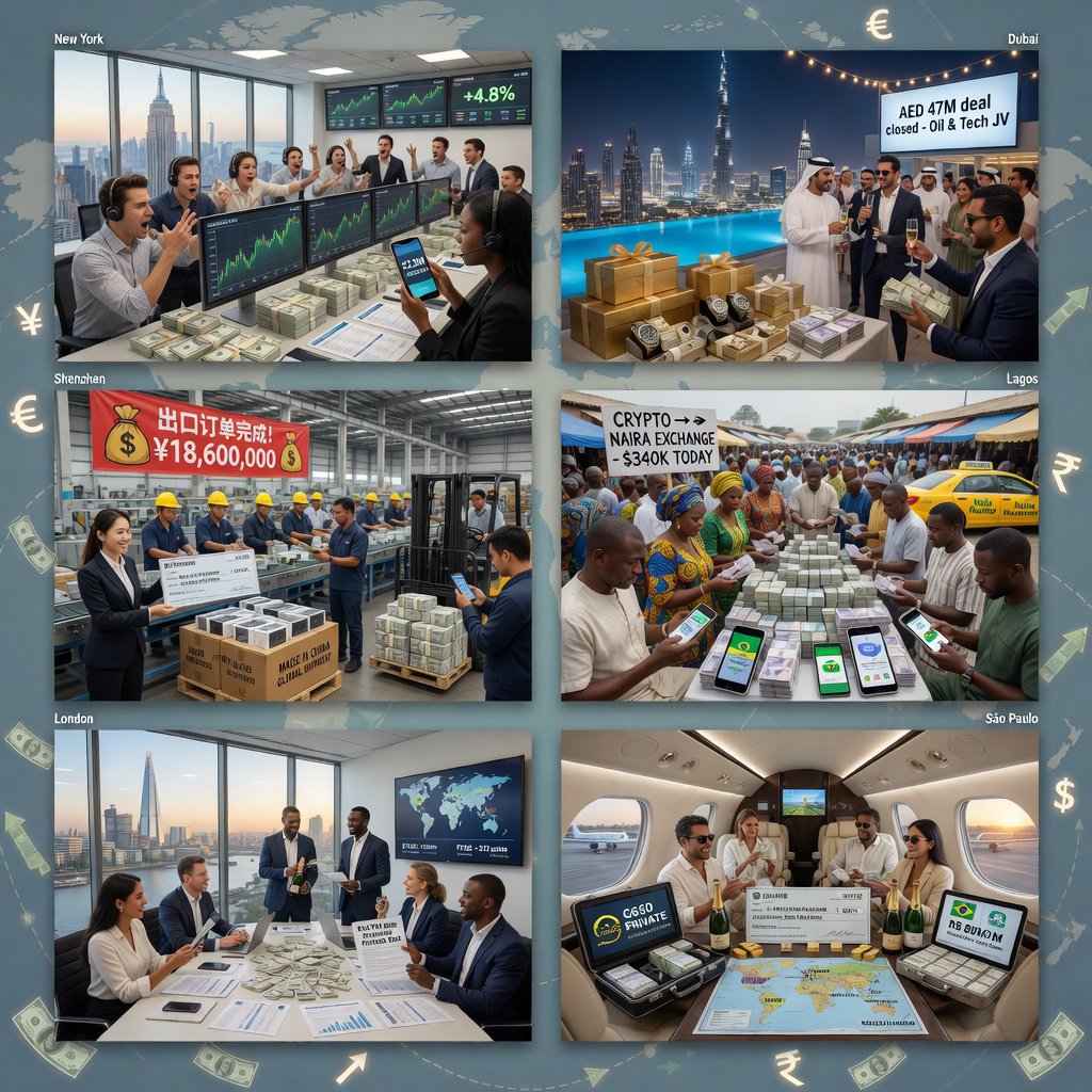 An image about people making a lot of money around the world, shown in 4–6 scenes. Realistic image. — Grok Imagine Image Quality