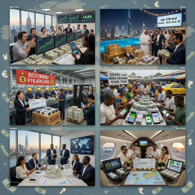 An image about people making a lot of money around the world, shown in 4–6 scenes. Realistic image. — Grok Imagine Image Quality